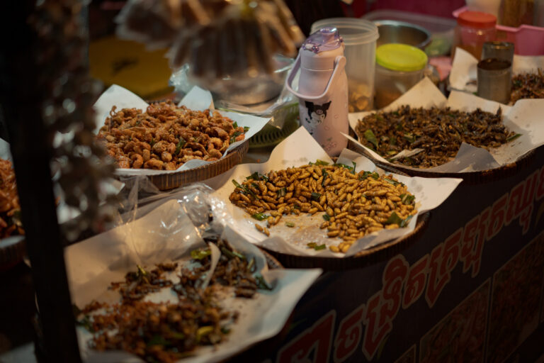 Fried crickets and insects for sale at a Cambodian street food market